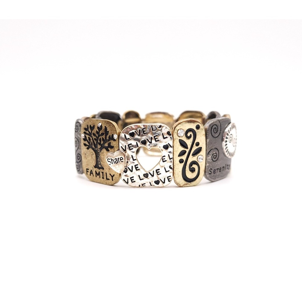 Silver and Gold Two Tone Bracelet Engraved Words Joy Love Family Serenity - Picture 3 of 6